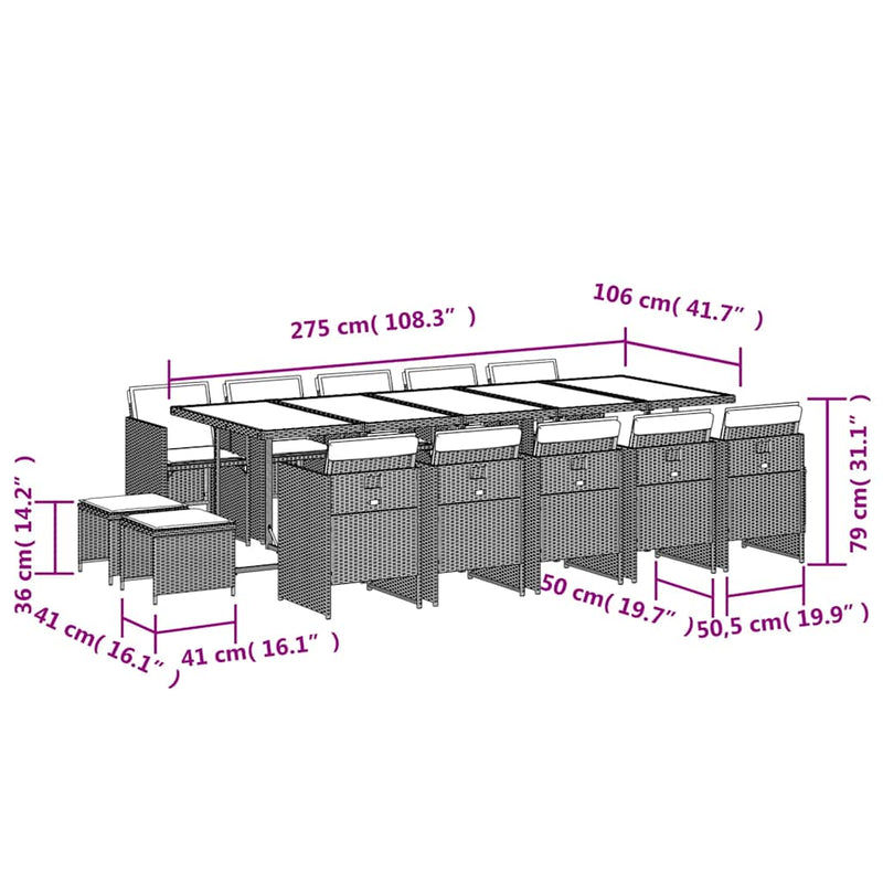 Set mobilier grădină cu perne, 15 piese, bej combinat poliratan