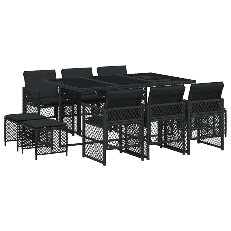 Set mobilier de exterior cu perne, 11 piese, negru, poliratan