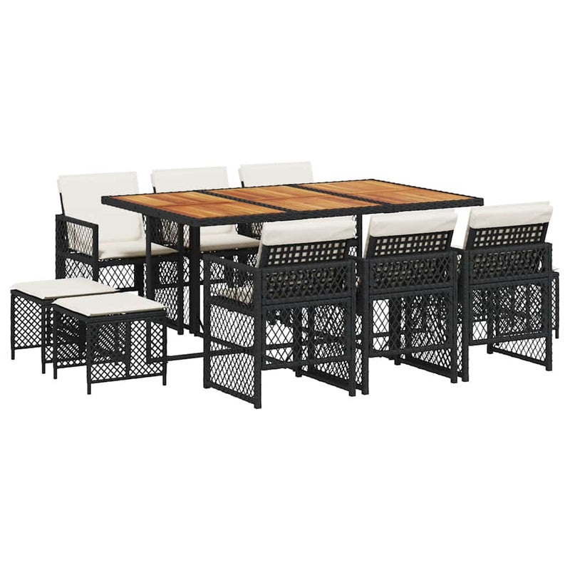 Set mobilier de exterior cu perne, 11 piese, negru, poliratan