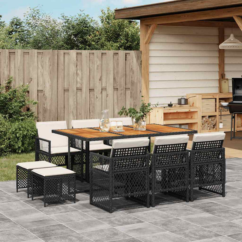 Set mobilier de exterior cu perne, 11 piese, negru, poliratan