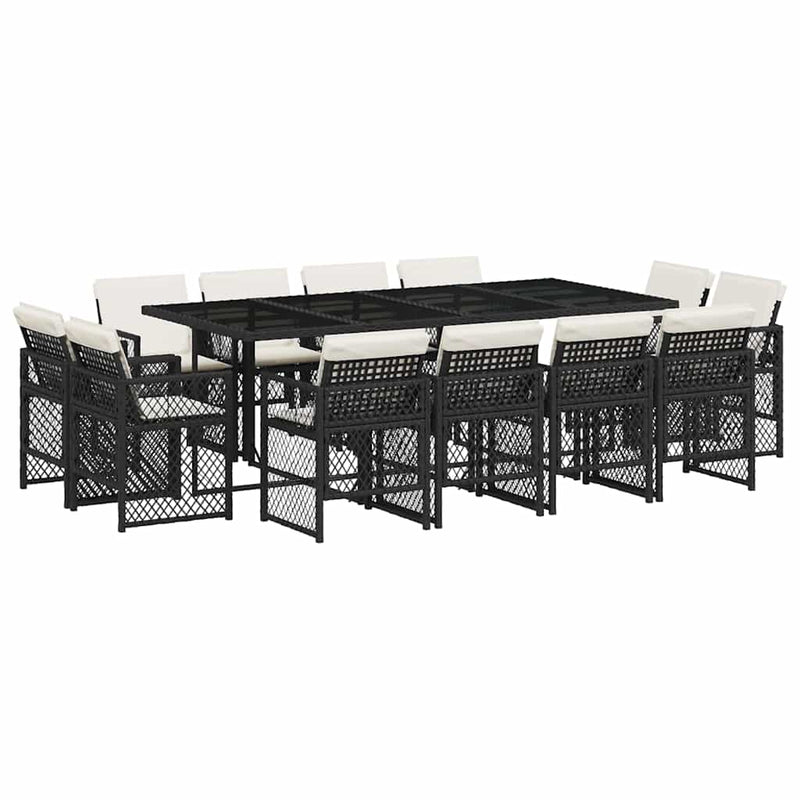 Set mobilier de grădină cu perne, 13 piese, negru, poliratan