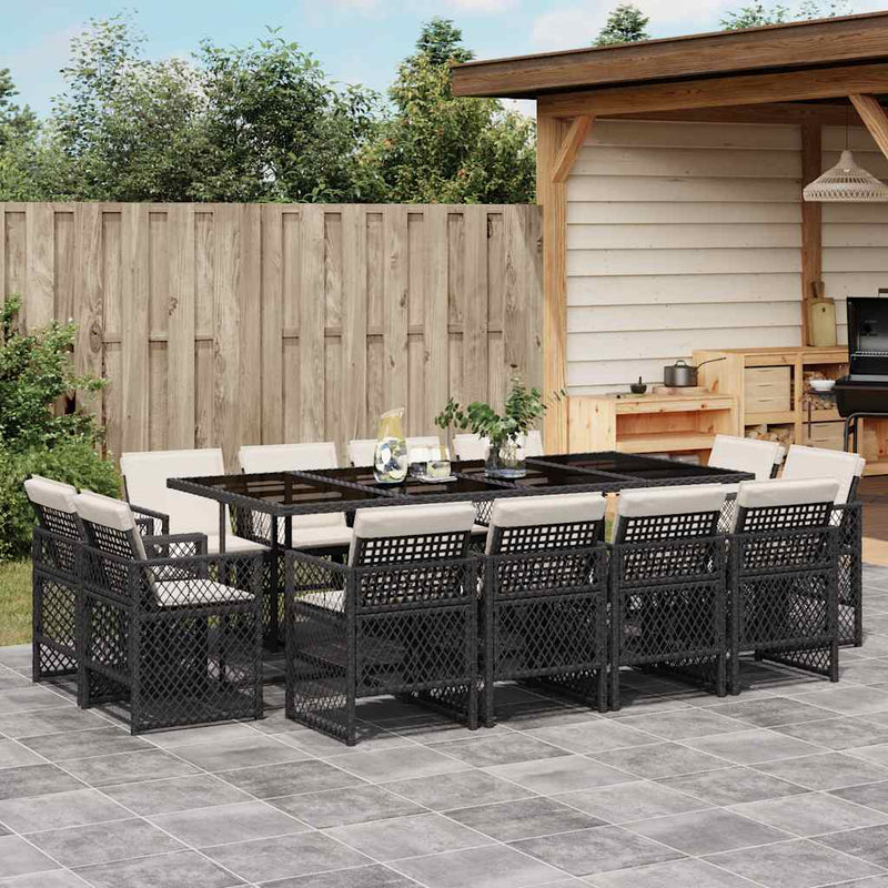 Set mobilier de grădină cu perne, 13 piese, negru, poliratan