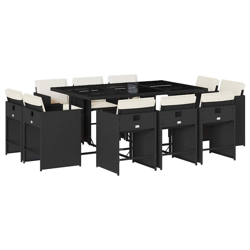 Set mobilier de exterior cu perne, 11 piese, negru, poliratan