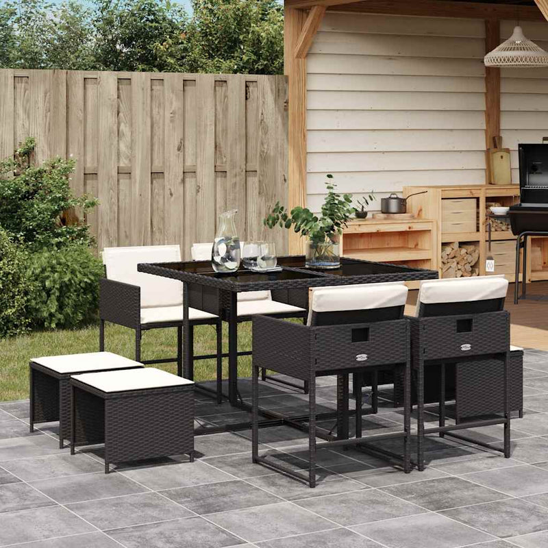 Set mobilier de grădină cu perne, 9 piese, negru, poliratan