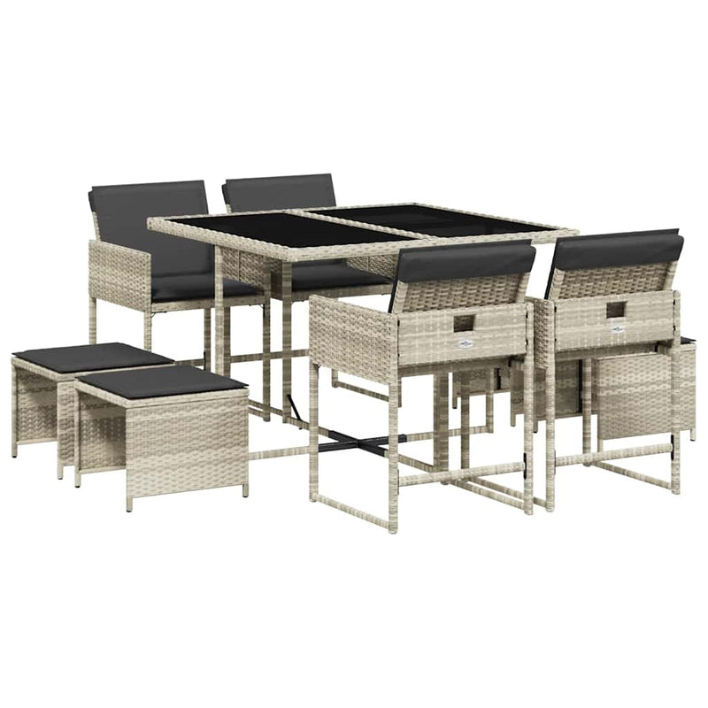 Set mobilier grădină cu perne, 9 piese, gri deschis, poliratan