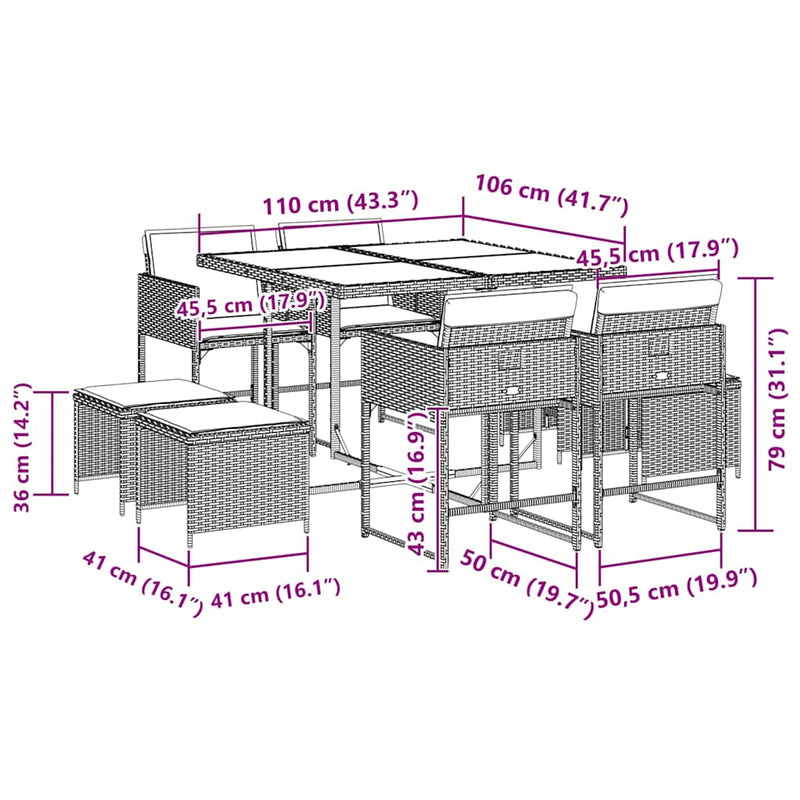 Set mobilier de grădină cu perne, 9 piese, negru, poliratan
