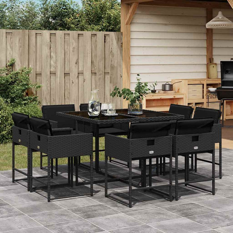 Set mobilier de grădină cu perne, 9 piese, negru, poliratan