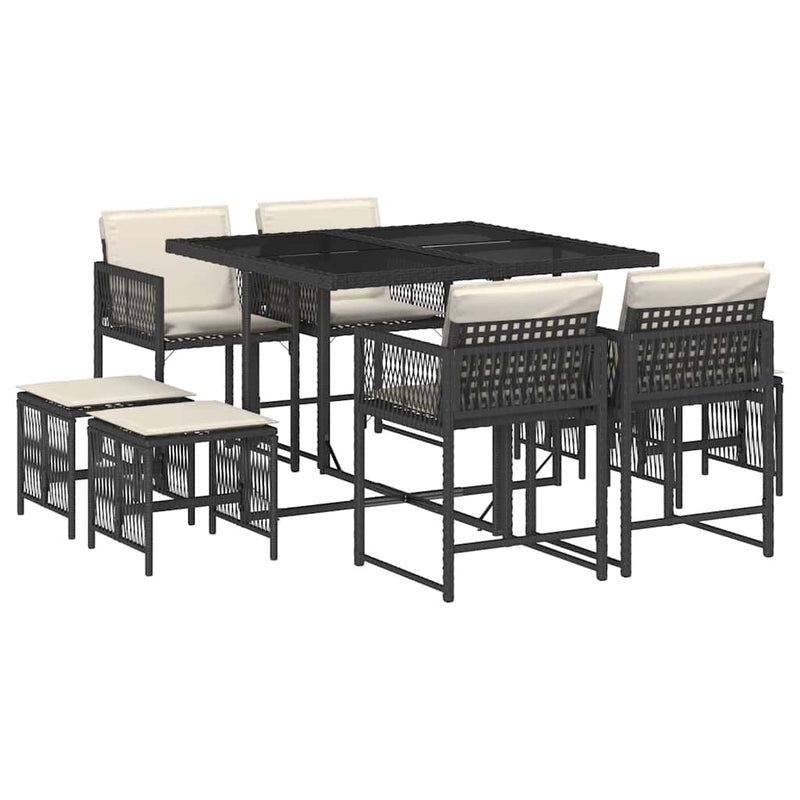 Set mobilier de grădină cu perne, 9 piese, negru, poliratan