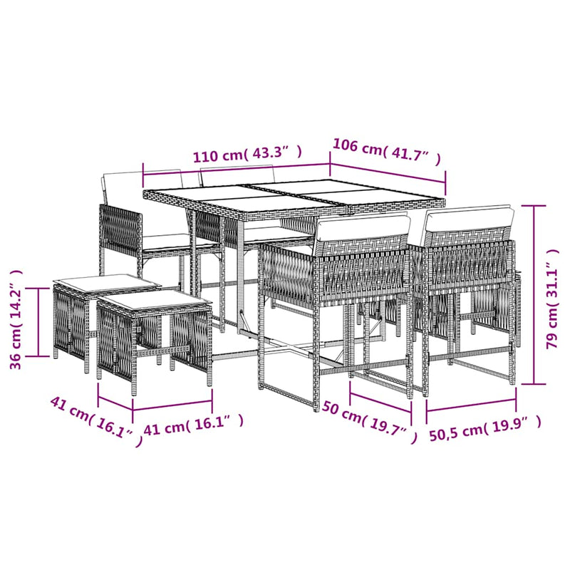 Set mobilier de grădină cu perne, 9 piese, negru, poliratan