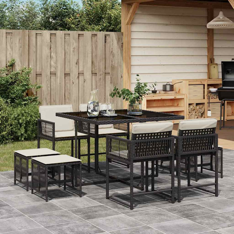Set mobilier de grădină cu perne, 9 piese, negru, poliratan