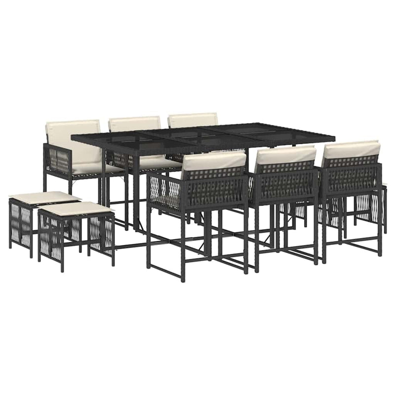 Set mobilier de exterior cu perne, 11 piese, negru, poliratan