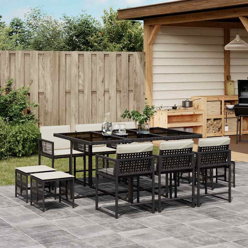 Set mobilier de exterior cu perne, 11 piese, negru, poliratan