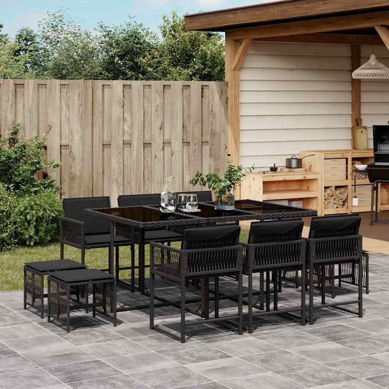 Set mobilier de exterior cu perne, 11 piese, negru, poliratan