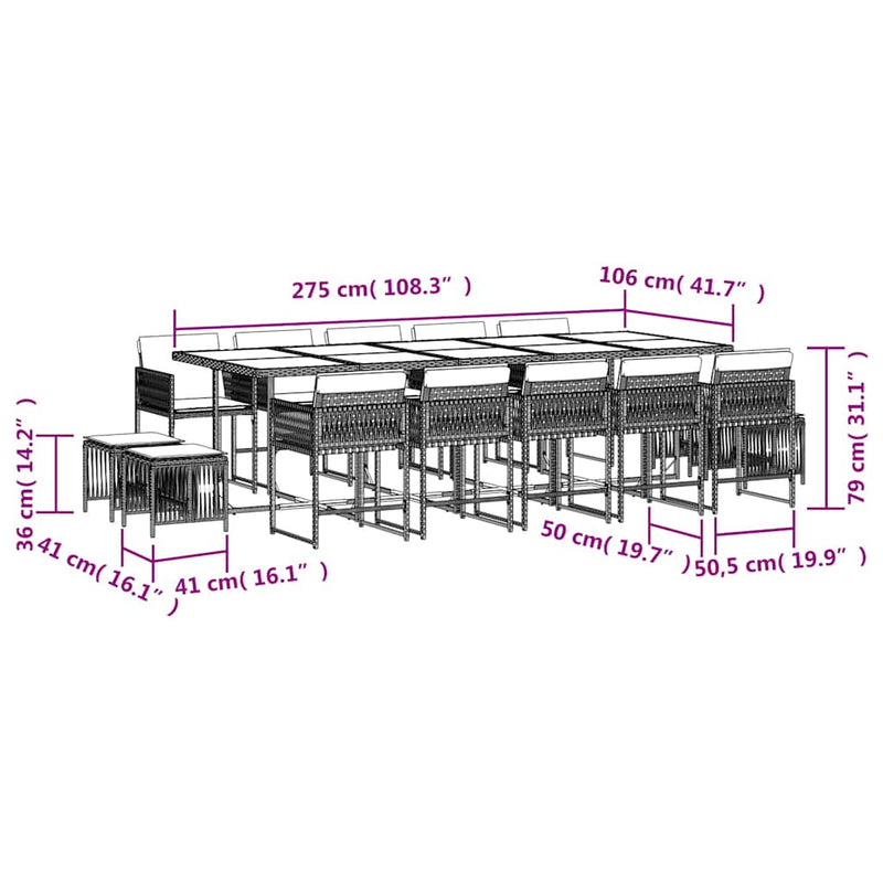 Set mobilier de grădină cu perne, 15 piese, negru, poliratan