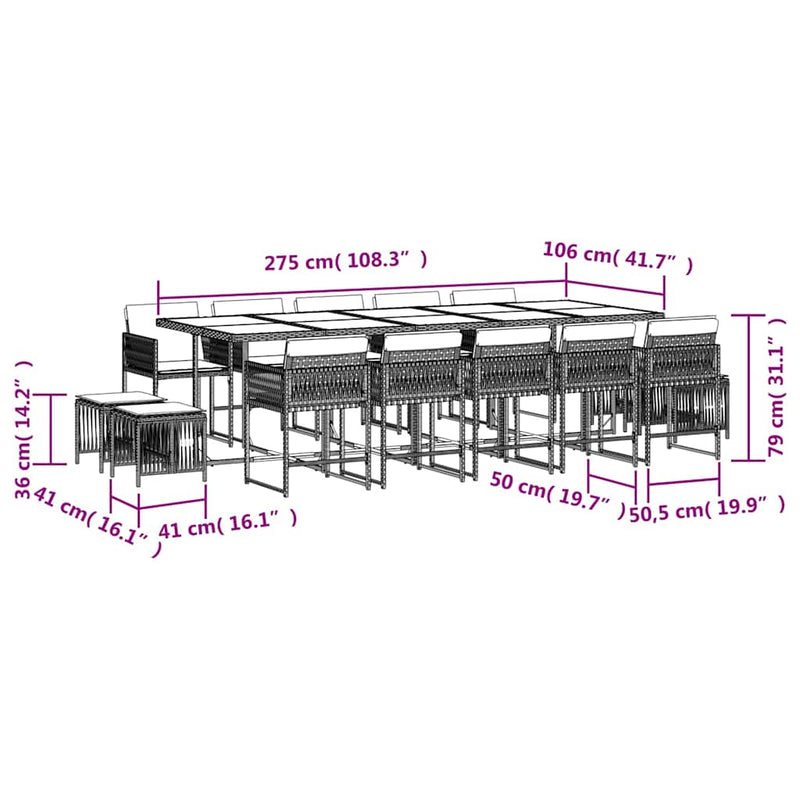 Set mobilier grădină cu perne, 15 piese, bej combinat poliratan