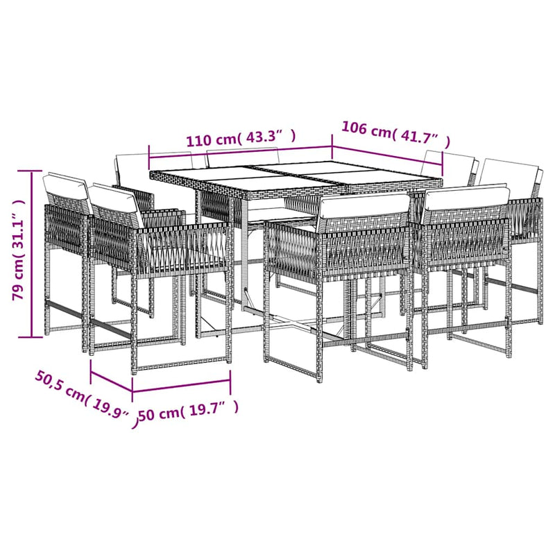 Set mobilier de grădină cu perne, 9 piese, negru, poliratan