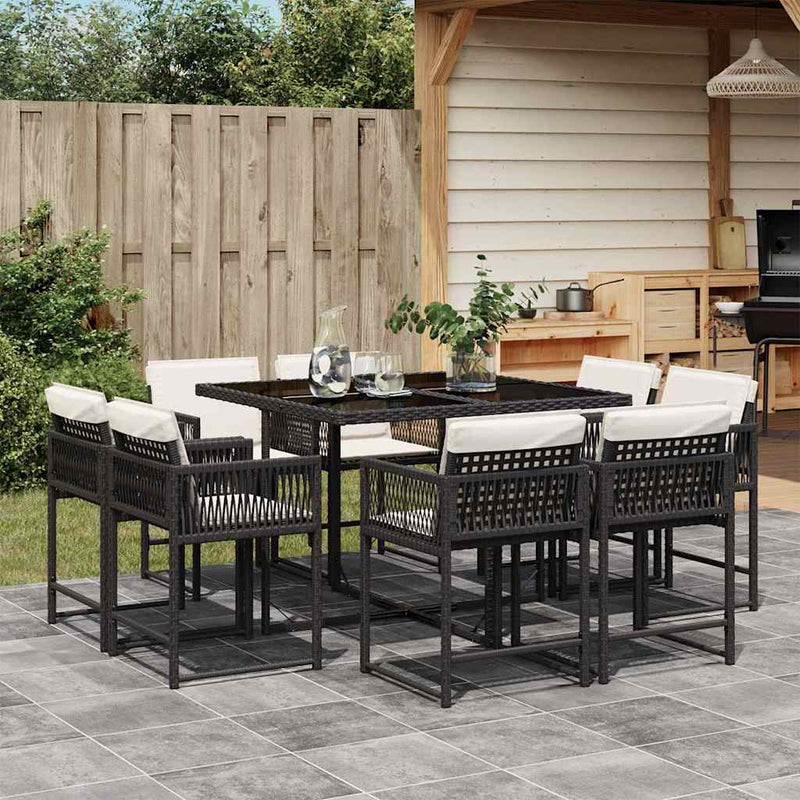 Set mobilier de grădină cu perne, 9 piese, negru, poliratan