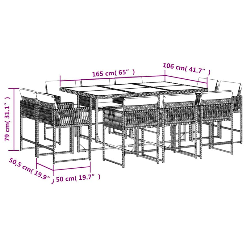 Set mobilier de exterior cu perne, 11 piese, negru, poliratan