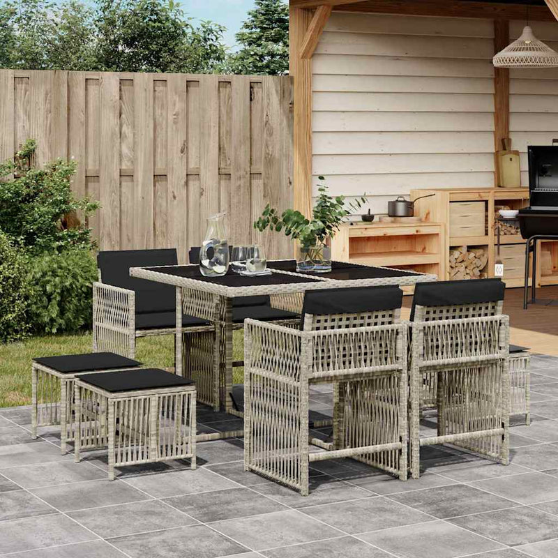 Set mobilier grădină cu perne, 9 piese, gri deschis, poliratan