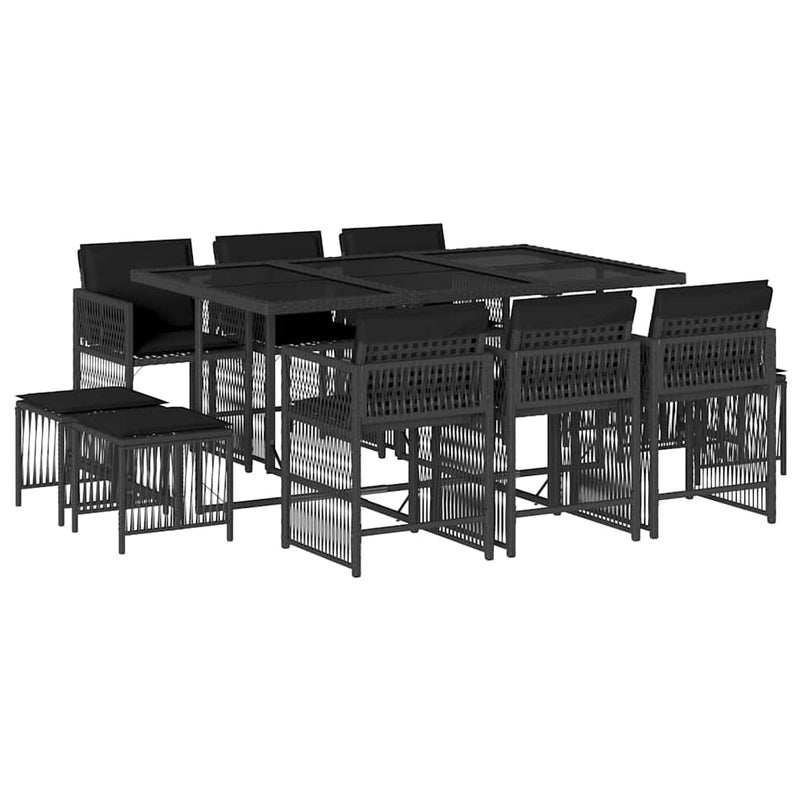 Set mobilier de exterior cu perne, 11 piese, negru, poliratan
