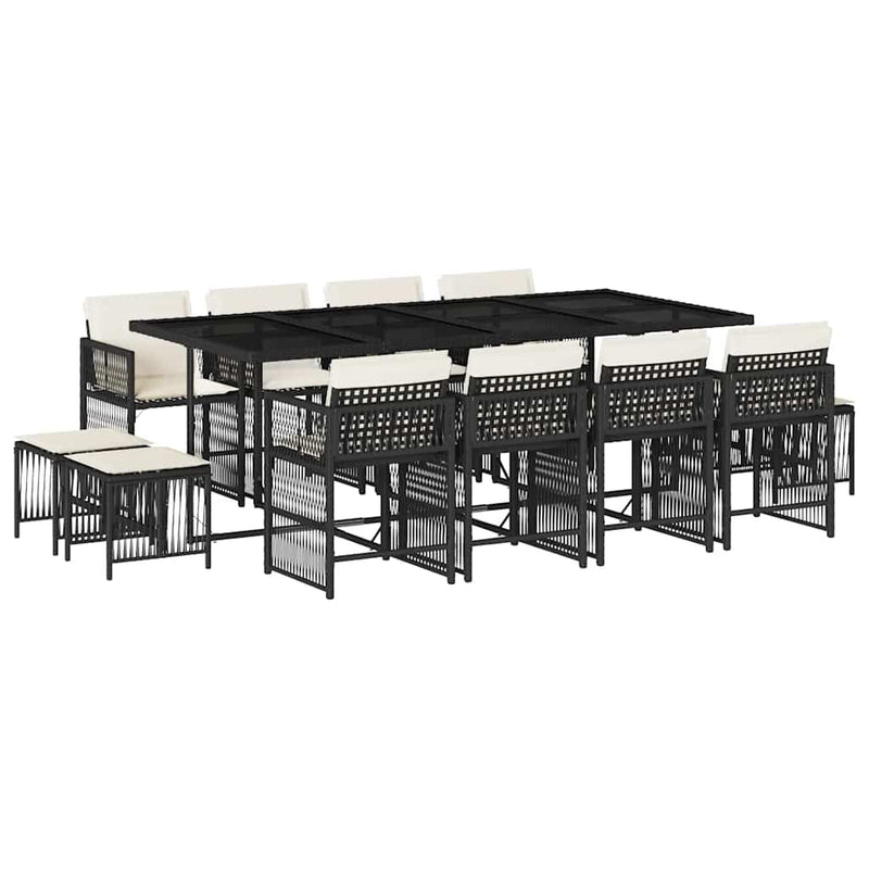 Set mobilier de grădină cu perne, 13 piese, negru, poliratan
