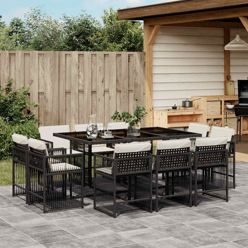 Set mobilier de exterior cu perne, 11 piese, negru, poliratan