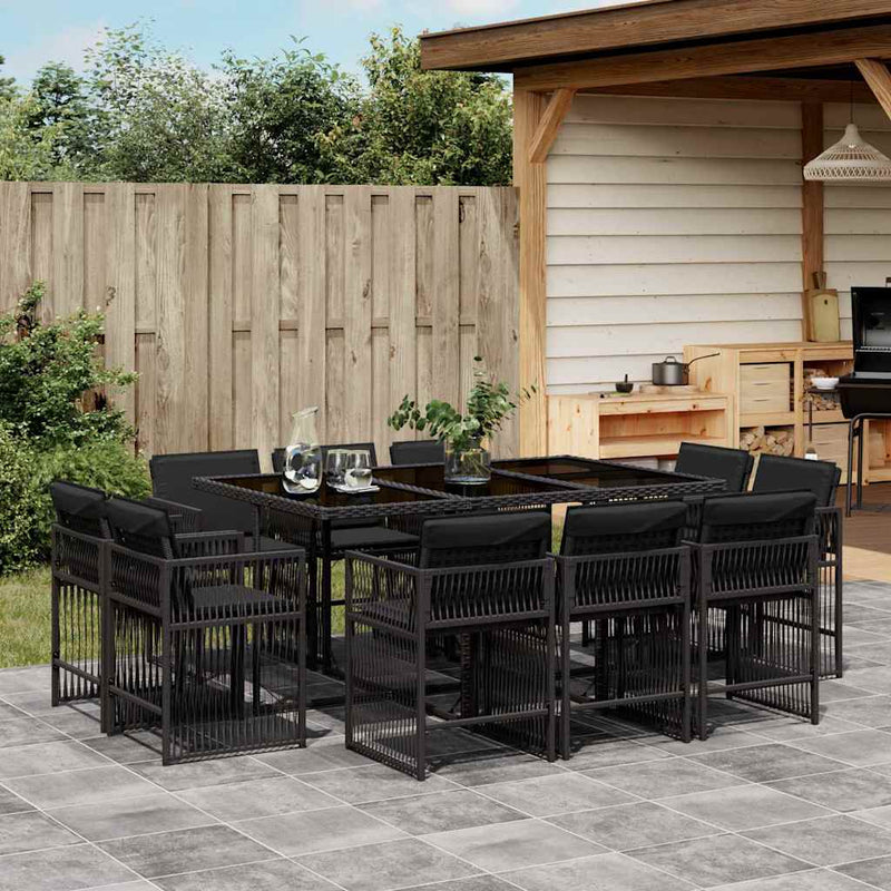 Set mobilier de exterior cu perne, 11 piese, negru, poliratan