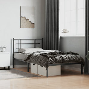Cadru de pat din metal cu tăblie, negru, 107x203 cm