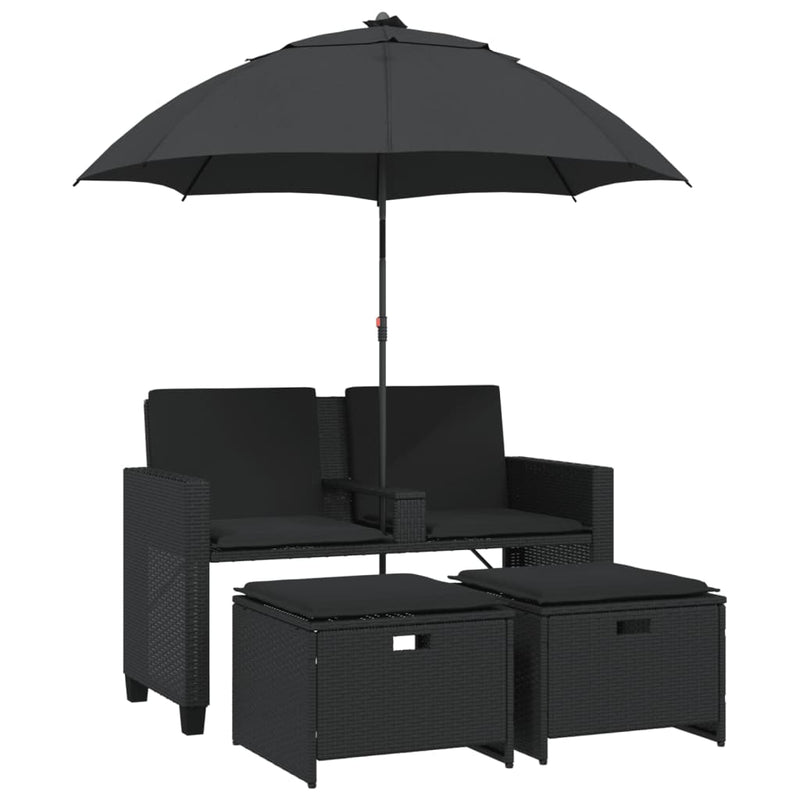 Canapea de grădină cu 2 locuri/umbrelă/taburete negru poliratan