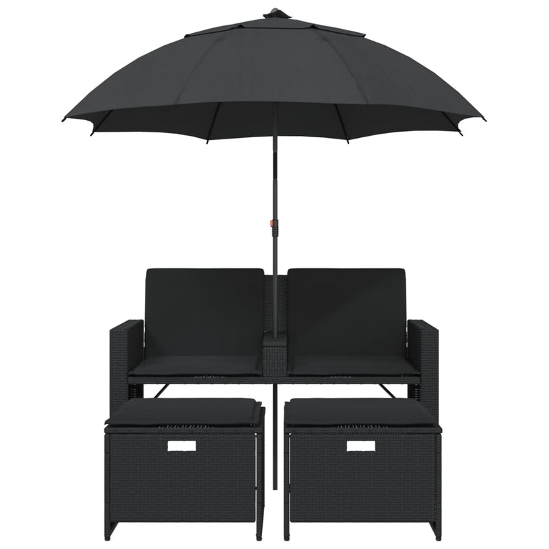 Canapea de grădină cu 2 locuri/umbrelă/taburete negru poliratan