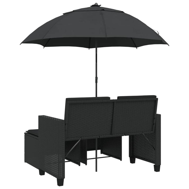 Canapea de grădină cu 2 locuri/umbrelă/taburete negru poliratan