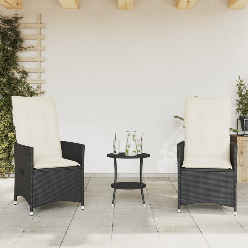 Set bistro cu perne, 3 piese, negru, poliratan