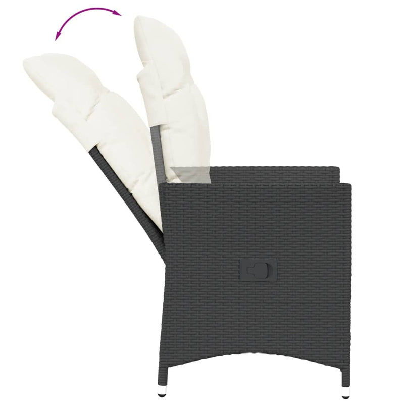 Set bistro cu perne, 3 piese, negru, poliratan