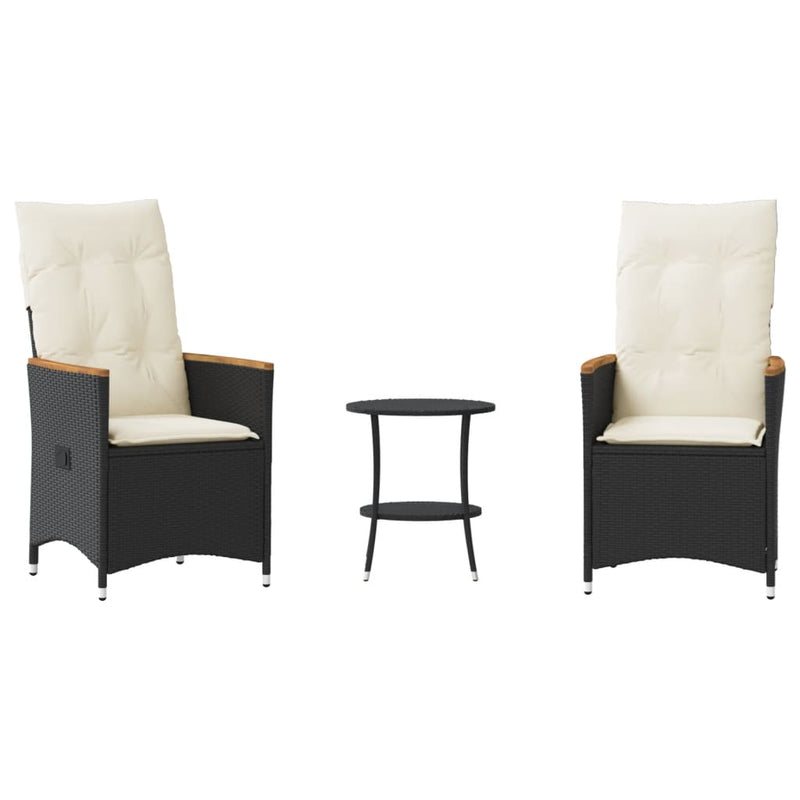 Set bistro cu perne, 3 piese, negru, poliratan