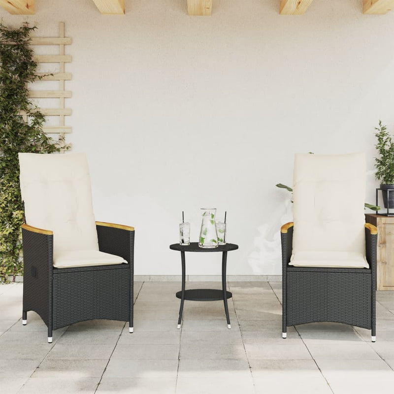 Set bistro cu perne, 3 piese, negru, poliratan