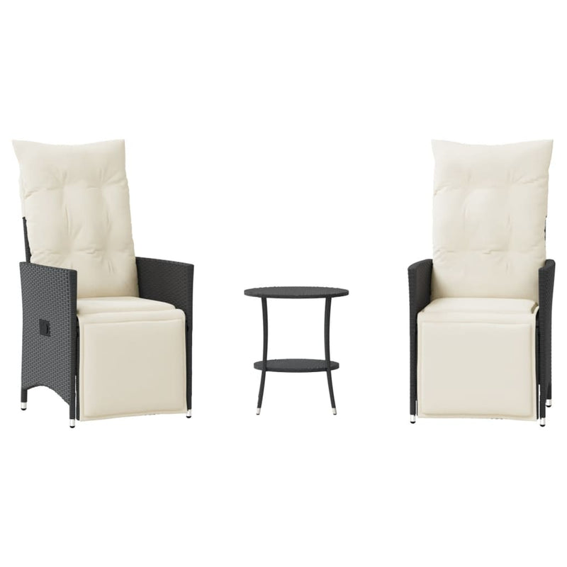 Set bistro cu perne, 3 piese, negru, poliratan