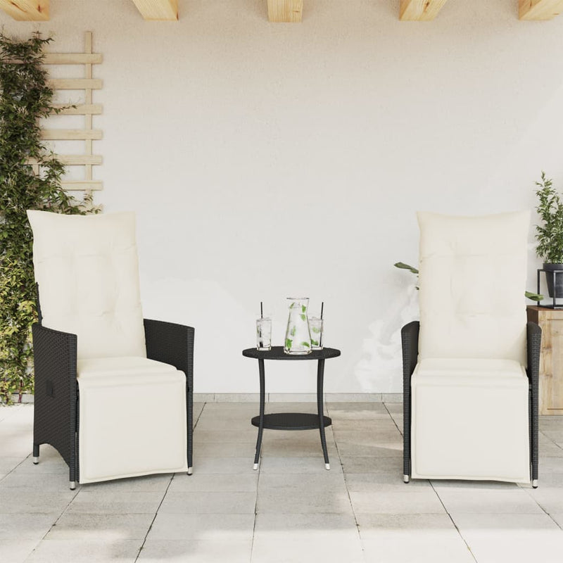 Set bistro cu perne, 3 piese, negru, poliratan
