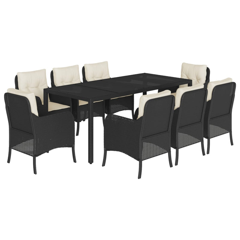 Set mobilier de grădină cu perne, 9 piese, negru, poliratan