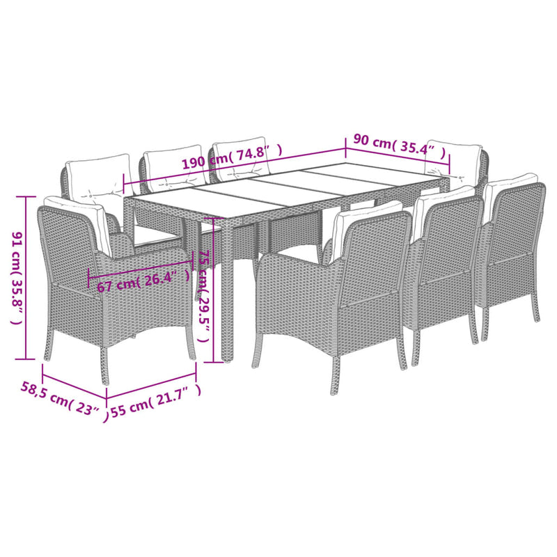 Set mobilier de grădină cu perne, 9 piese, negru, poliratan