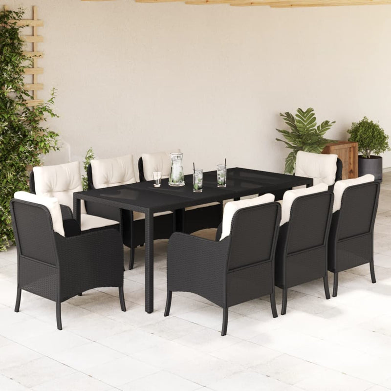Set mobilier de grădină cu perne, 9 piese, negru, poliratan
