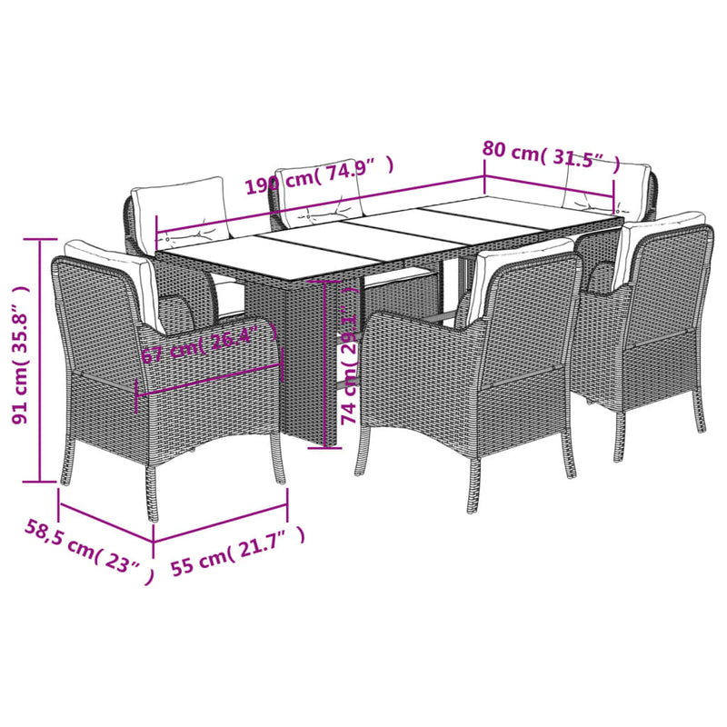 Set mobilier de grădină cu perne, 7 piese, negru, poliratan