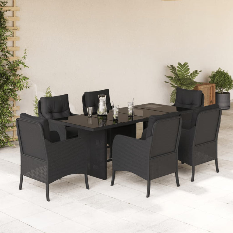 Set mobilier de grădină cu perne, 7 piese, negru, poliratan