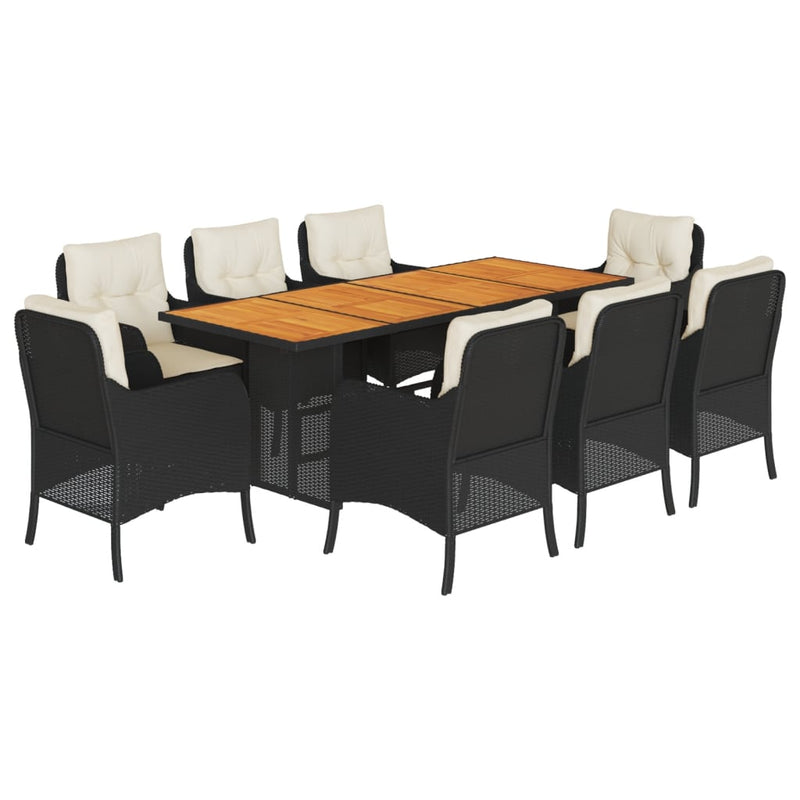 Set mobilier de grădină cu perne, 9 piese, negru, poliratan