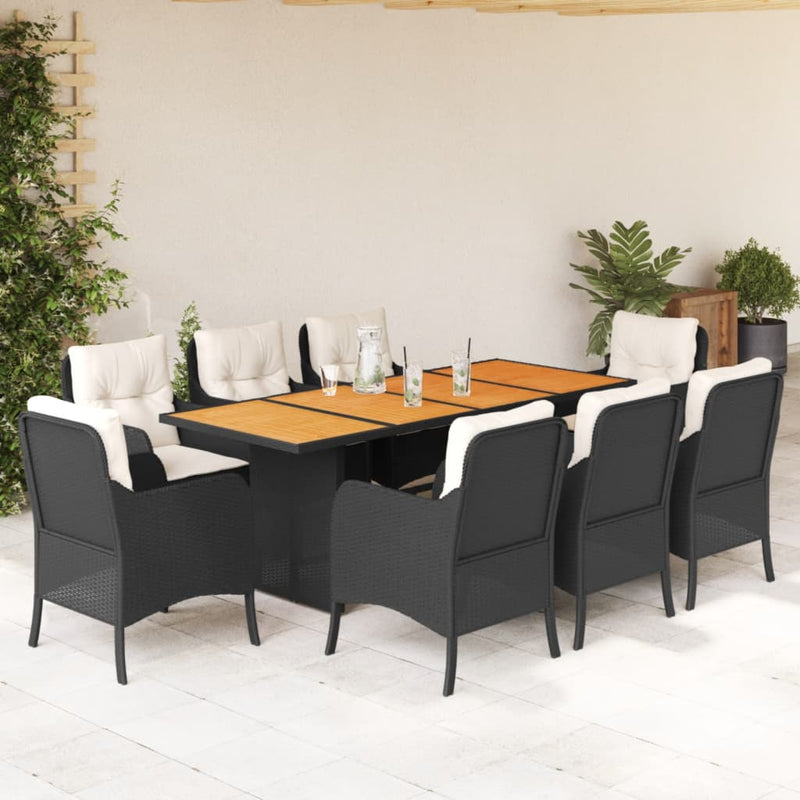 Set mobilier de grădină cu perne, 9 piese, negru, poliratan