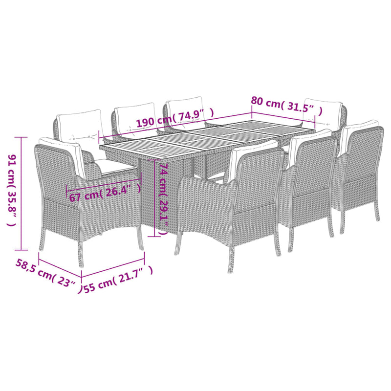 Set mobilier grădină cu perne, 9 piese, gri, poliratan