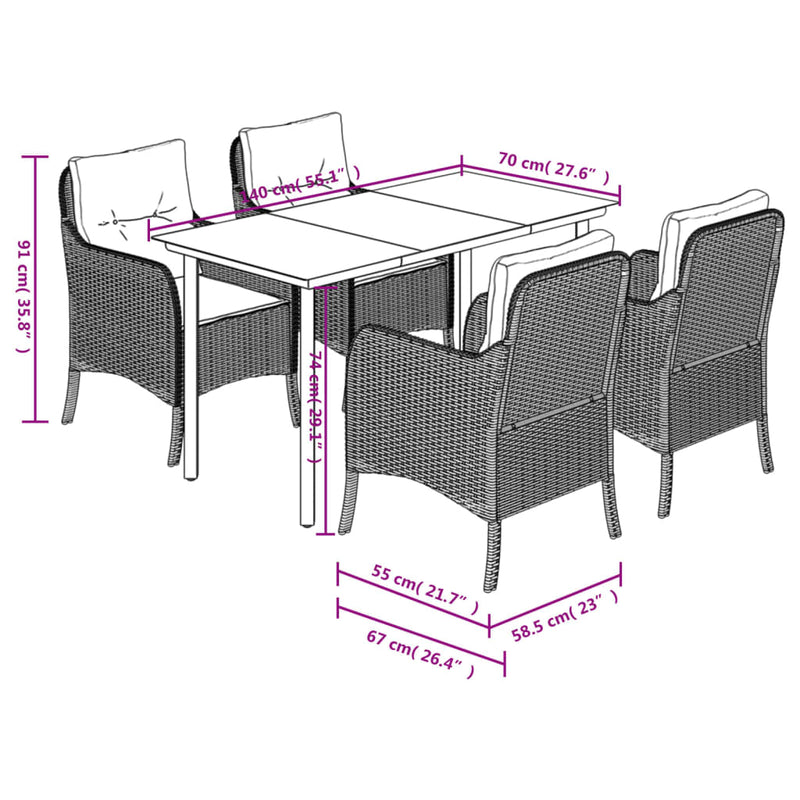 Set mobilier de grădină cu perne, 5 piese, negru, poliratan