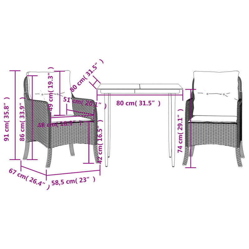 Set mobilier de grădină cu perne, 3 piese, negru, poliratan