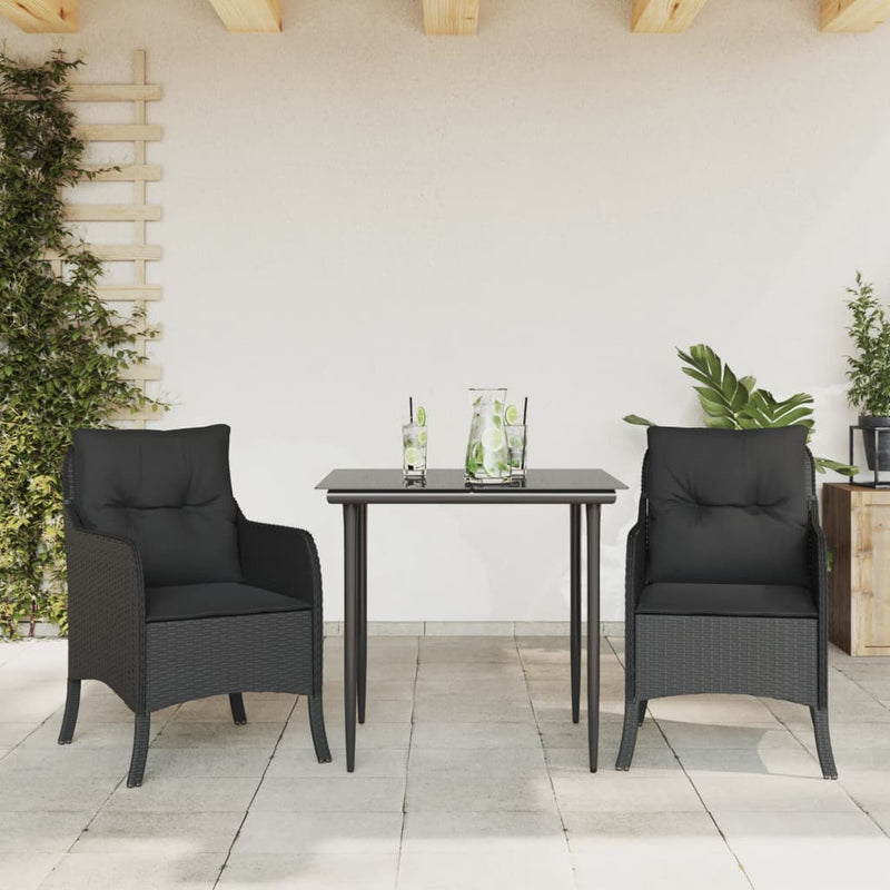 Set mobilier de grădină cu perne, 3 piese, negru, poliratan