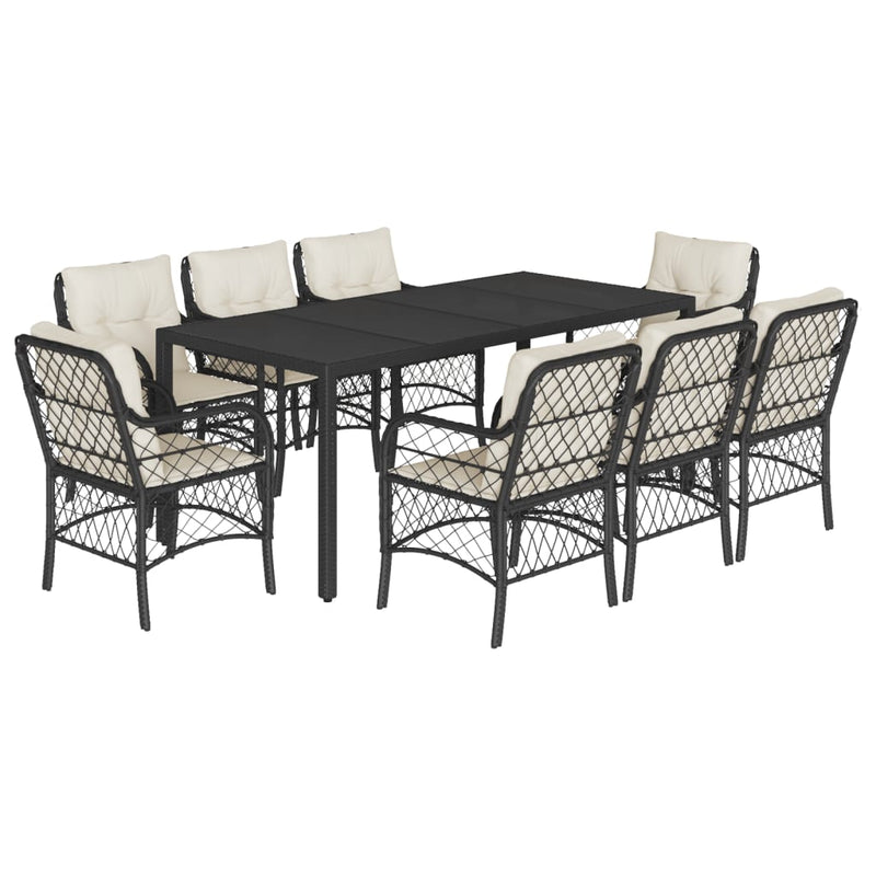 Set mobilier de grădină cu perne, 9 piese, negru, poliratan