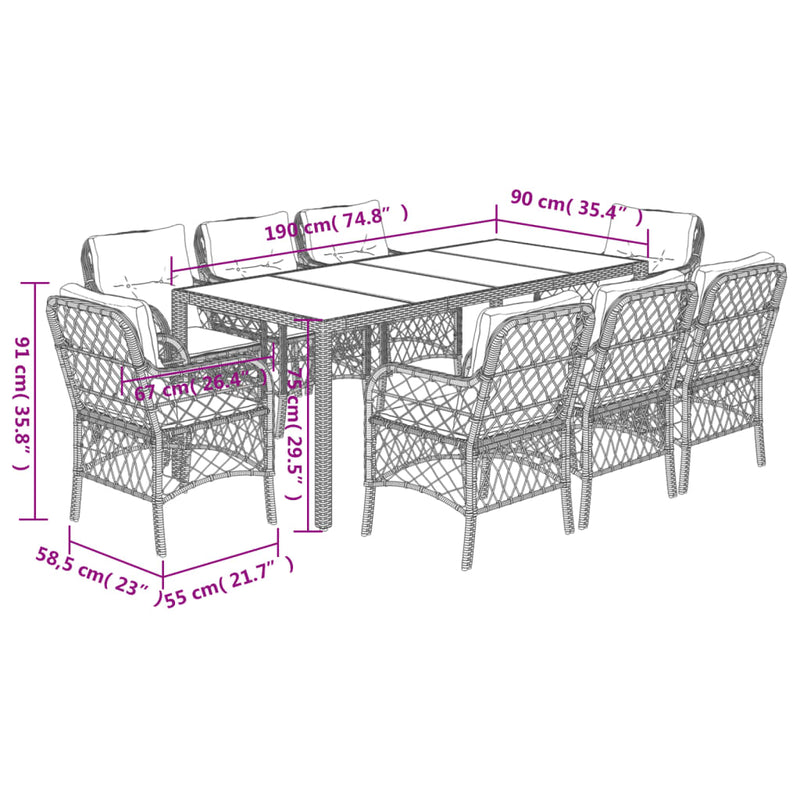 Set mobilier de grădină cu perne, 9 piese, negru, poliratan